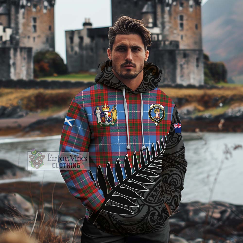 Tartan Vibes Clothing Skirving Crest Tartan Cotton Hoodie with New Zealand Silver Fern Half Style