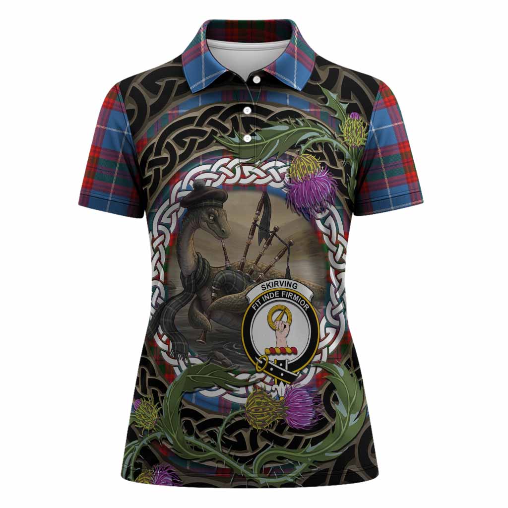 Skirving Tartan Crest Bagpipe Nessie Women Polo Shirt Scottish Loch Ness Monster Celtic Thistle
