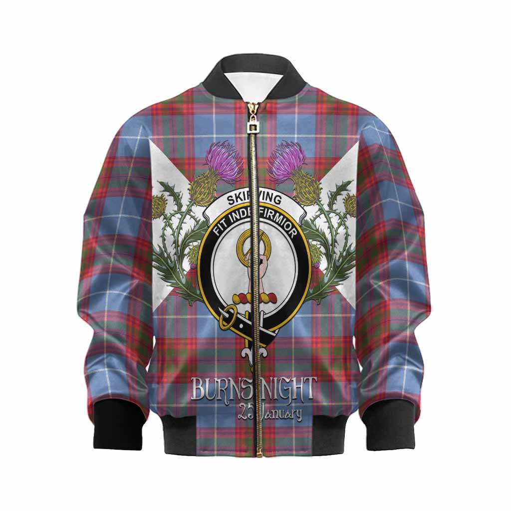 Skirving Tartan Family Crest Kid Bomber Jacket Scottish Burns Night Thistle Floral