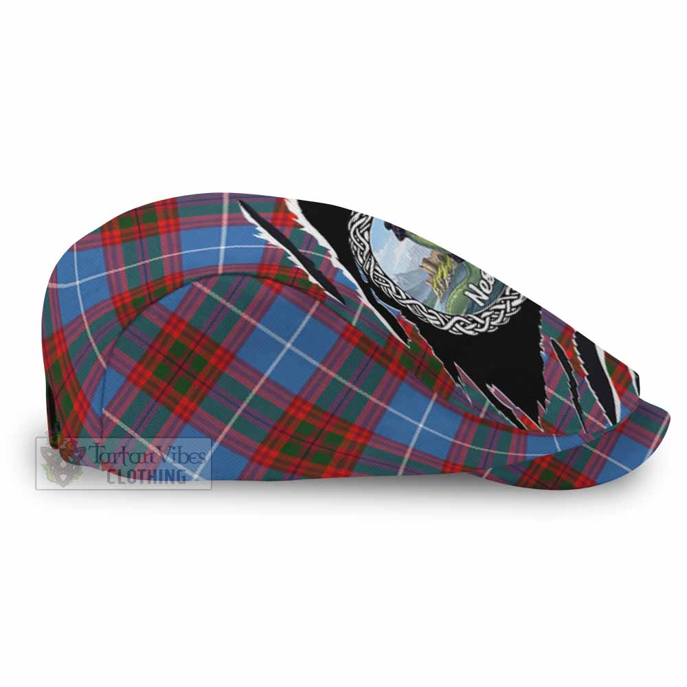 Skirving Tartan Loch Ness Monster Flat Cap, Jeff Cap Celtic Knot Nessie Art