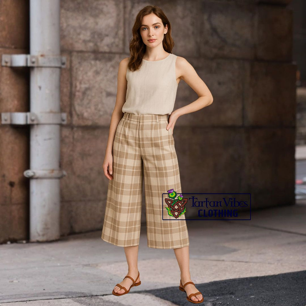 Sleeveless Linen Top with Beige Tartan Culottes and Sandals 