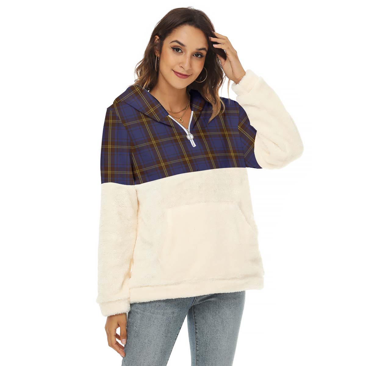 Sligo County Ireland Tartan Half Style Women's Borg Fleece Hoodie with Half Zip Female - Tartan Vibes Clothing