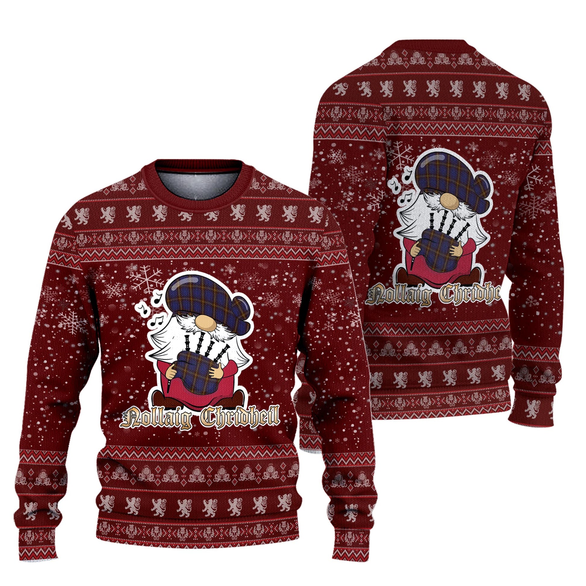 Sligo County Ireland Clan Christmas Family Knitted Sweater with Funny Gnome Playing Bagpipes Unisex Red - Tartanvibesclothing