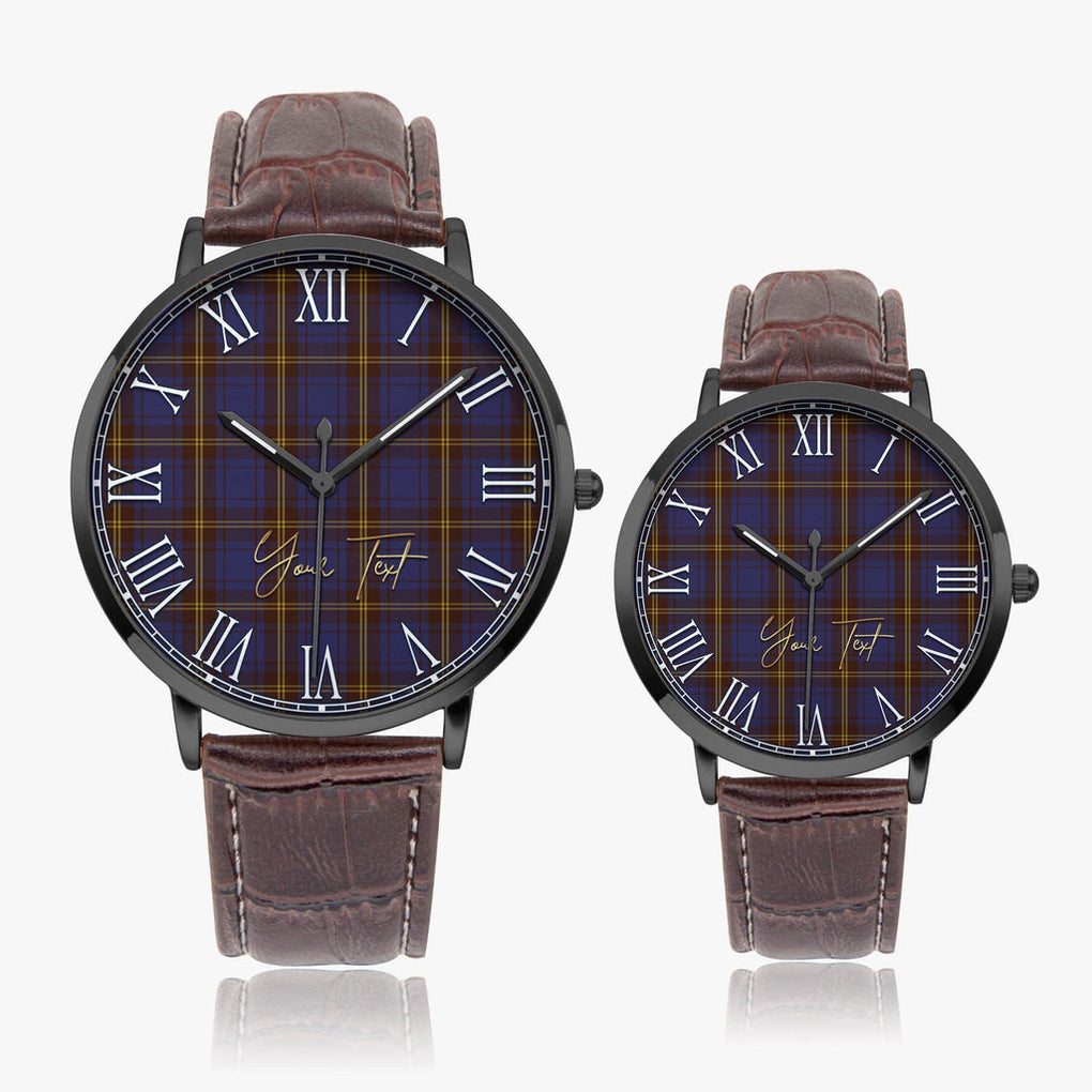 Sligo County Ireland Tartan Personalized Your Text Leather Trap Quartz Watch Ultra Thin Black Case With Brown Leather Strap - Tartanvibesclothing Shop