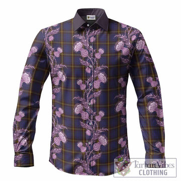 Sligo Tartan Long Sleeve Button Shirts Seamless Scottish Thistle Flowers