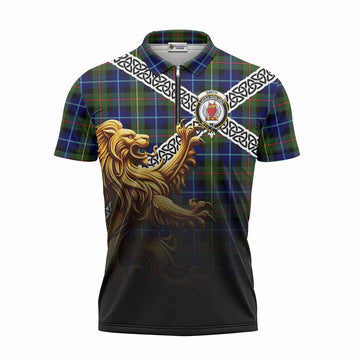 Smith Crest Tartan Zipper Polo Shirt with Golden Lion Emblem Celtic Style Unisex - Tartan Vibes Clothing
