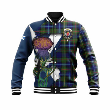 Tartan Vibes Clothing Smith Tartan Family Crest Baseball Jacket Scottish Thistle Celtic Inspired