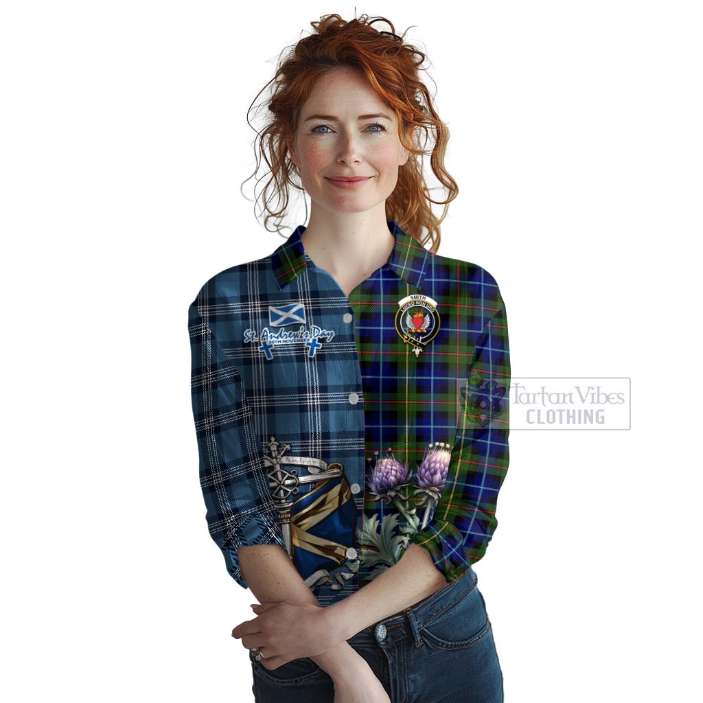 Smith Tartan Women's Casual Shirt Happy St. Andrew's Day Half Tartan Style Female - Tartan Vibes Clothing