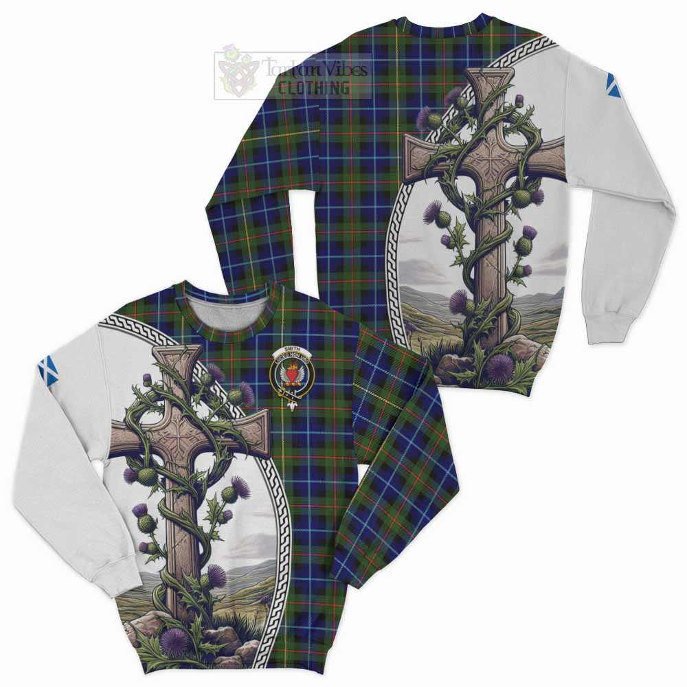 Smith Tartan Sweatshirt with Family Crest and St. Andrew's Cross Accented by Thistle Vines Unisex - Tartan Vibes Clothing