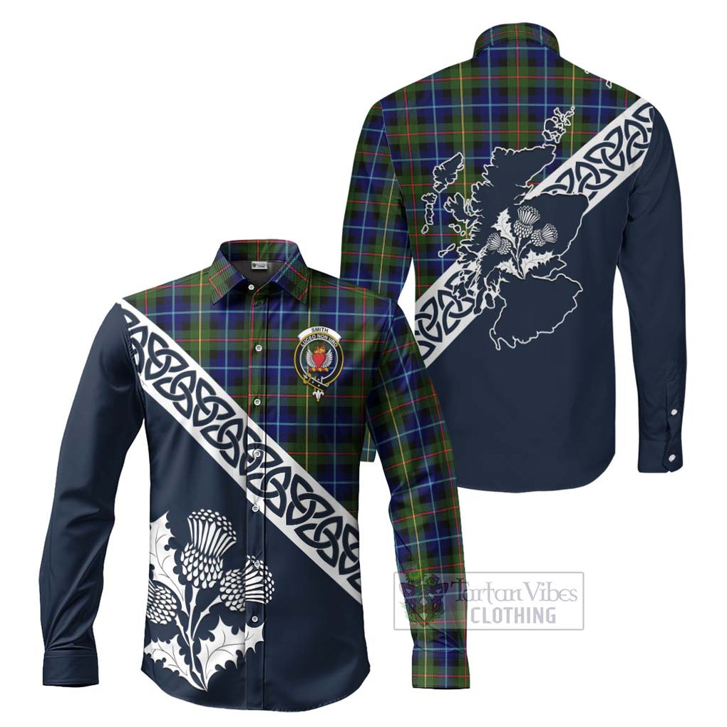 Smith Tartan Long Sleeve Button Shirt Featuring Thistle and Scotland Map Men's Shirt S - Tartan Vibes Clothing