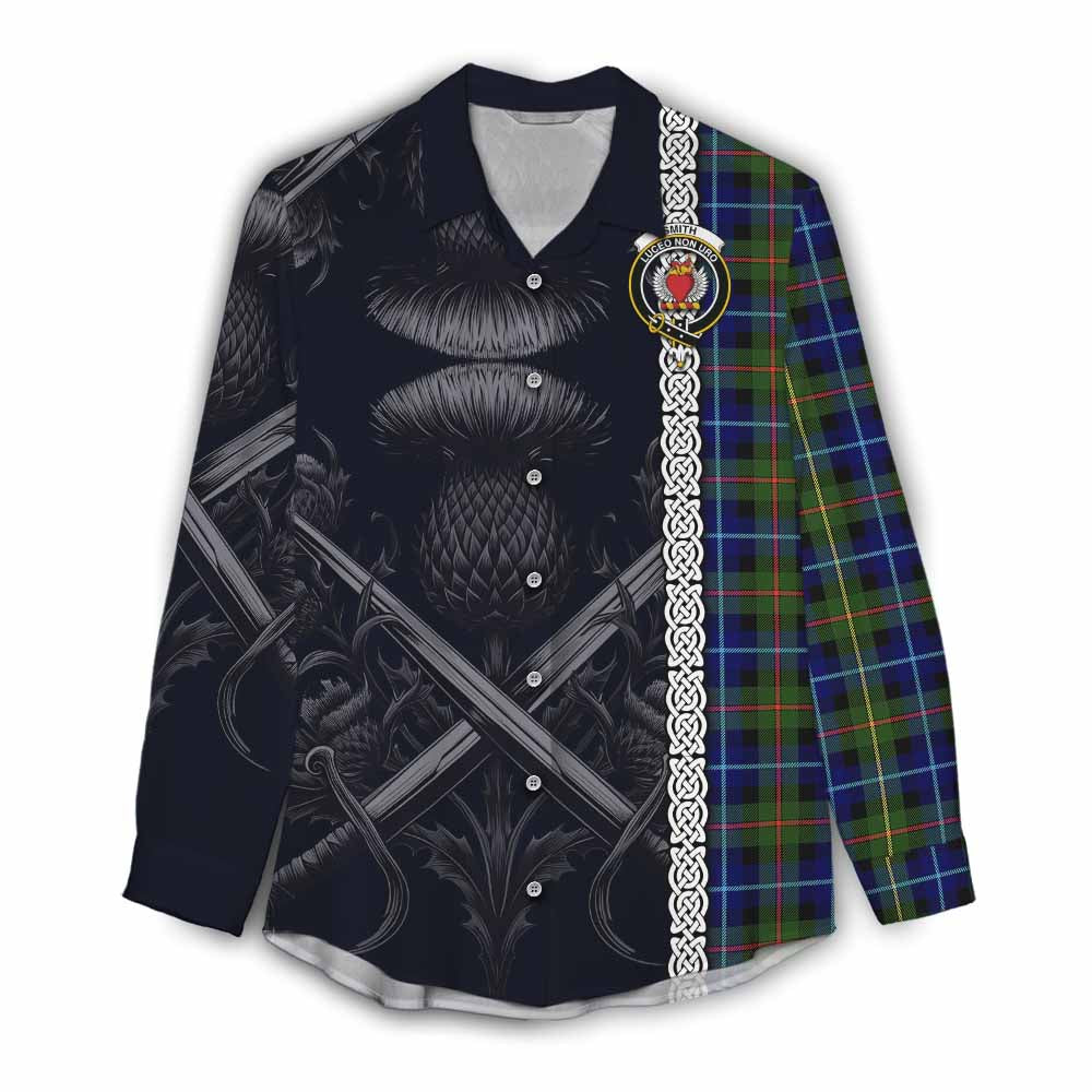 Smith Tartan Women's Casual Shirt with Family Crest Cross Sword Thistle Celtic Vibes Female - Tartan Vibes Clothing