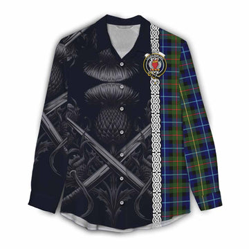 Smith Tartan Women's Casual Shirt with Family Crest Cross Sword Thistle Celtic Vibes Female - Tartan Vibes Clothing