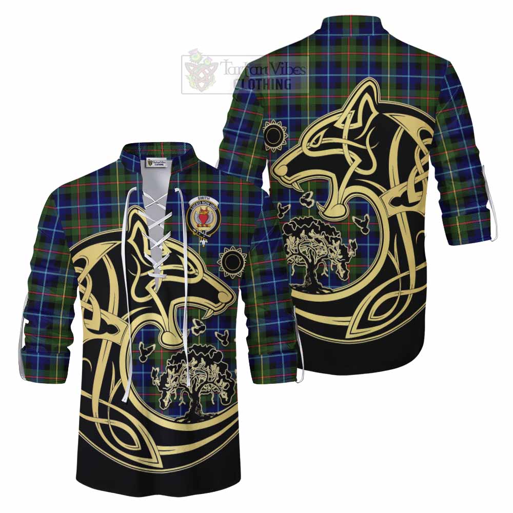 Smith Tartan Ghillie Kilt Shirt with Family Crest Celtic Wolf Style Men - Tartan Vibes Clothing