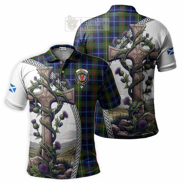 Smith Tartan Polo Shirt with Family Crest and St. Andrew's Cross Accented by Thistle Vines Kid - Tartan Vibes Clothing