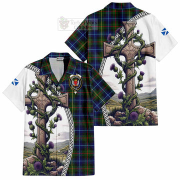Smith Tartan Hawaiian Shirt with Family Crest and St. Andrew's Cross Accented by Thistle Vines Kid - Tartan Vibes Clothing