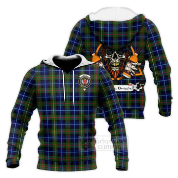 Smith Tartan Knitted Hoodie with Family Crest and Bearded Skull Holding Bottles of Whiskey Unisex Knitted Pullover Hoodie - Tartan Vibes Clothing