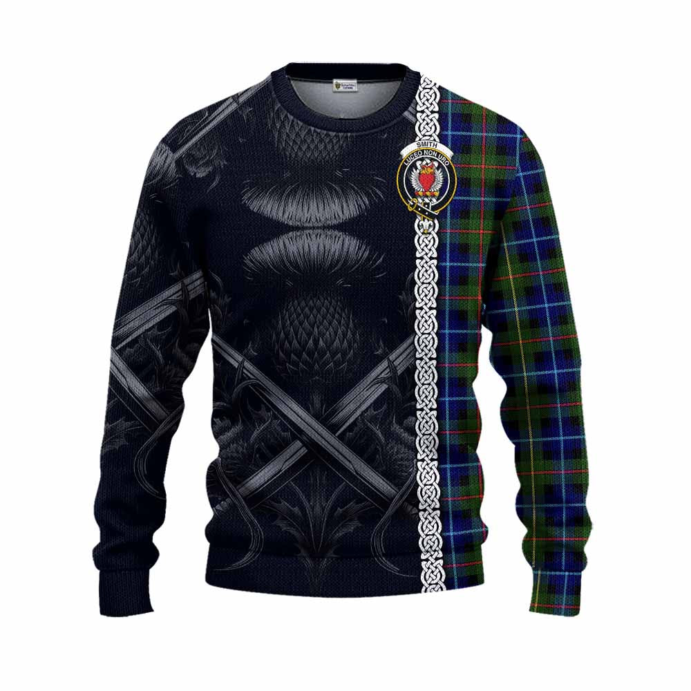 Smith Tartan Knitted Sweater with Family Crest Cross Sword Thistle Celtic Vibes Unisex - Tartan Vibes Clothing