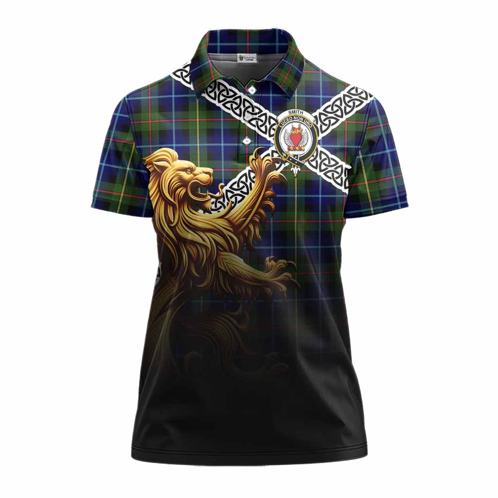Smith Crest Tartan Women's Polo Shirt with Golden Lion Emblem Celtic Style Women - Tartan Vibes Clothing