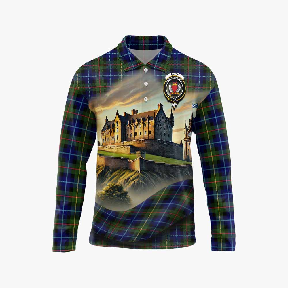Smith Tartan Family Crest Long Sleeve Polo Shirt with Scottish Ancient Castle Style Unisex - Tartan Vibes Clothing