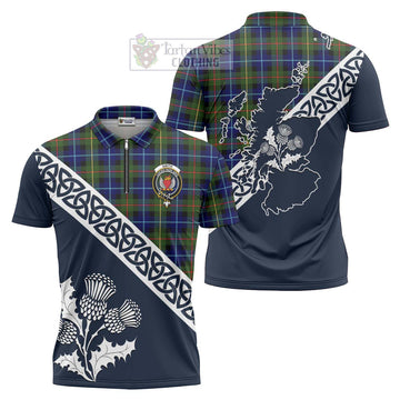 Smith Tartan Zipper Polo Shirt Featuring Thistle and Scotland Map Unisex - Tartanvibesclothing Store