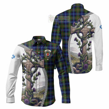 Smith Tartan Long Sleeve Button Shirt with Family Crest and St. Andrew's Cross Accented by Thistle Vines Men's Shirt S - Tartan Vibes Clothing