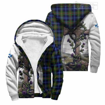 Smith Tartan Sherpa Hoodie with Family Crest and St. Andrew's Cross Accented by Thistle Vines Unisex S - Tartan Vibes Clothing