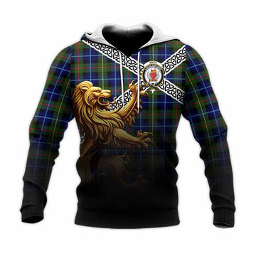 Tartan Vibes Clothing Smith Crest Tartan Knitted Hoodie with Golden Lion Emblem Celtic Style