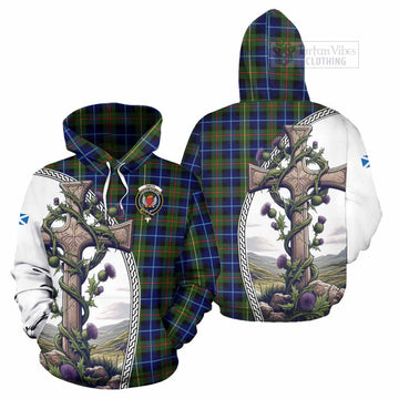 Smith Tartan Hoodie with Family Crest and St. Andrew's Cross Accented by Thistle Vines Zip Hoodie - Tartan Vibes Clothing