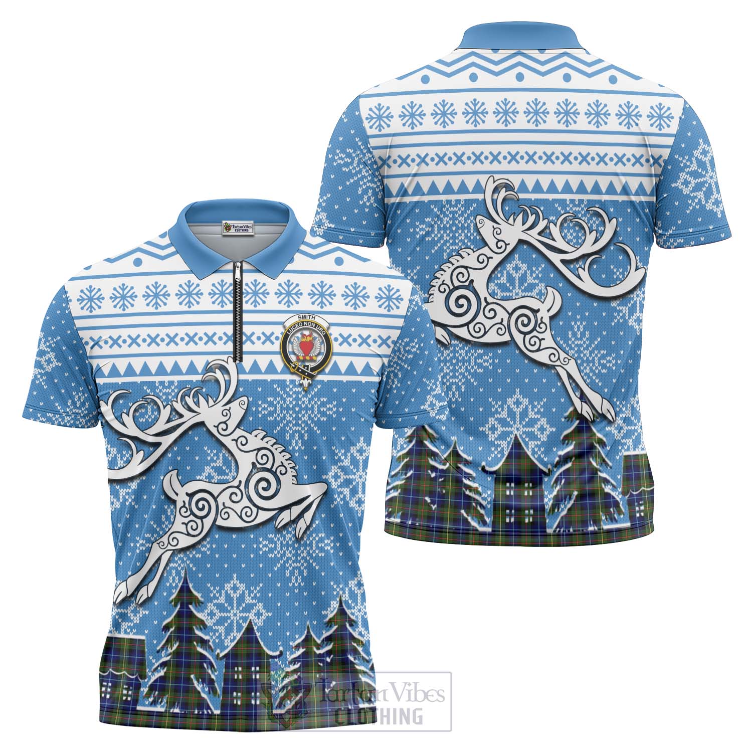 Smith Clan Christmas Zipper Polo Shirt Celtic Reindeer Style Unisex - Tartan Vibes Clothing