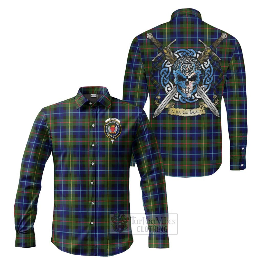 Smith Tartan Long Sleeve Button Shirt with Family Crest Celtic Skull Style Men's Shirt S - Tartan Vibes Clothing