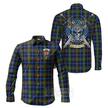 Smith Tartan Long Sleeve Button Shirt with Family Crest Celtic Skull Style Men's Shirt S - Tartan Vibes Clothing