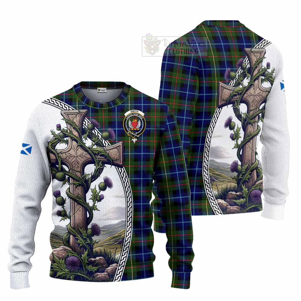 Smith Tartan Knitted Sweater with Family Crest and St. Andrew's Cross Accented by Thistle Vines Unisex - Tartan Vibes Clothing