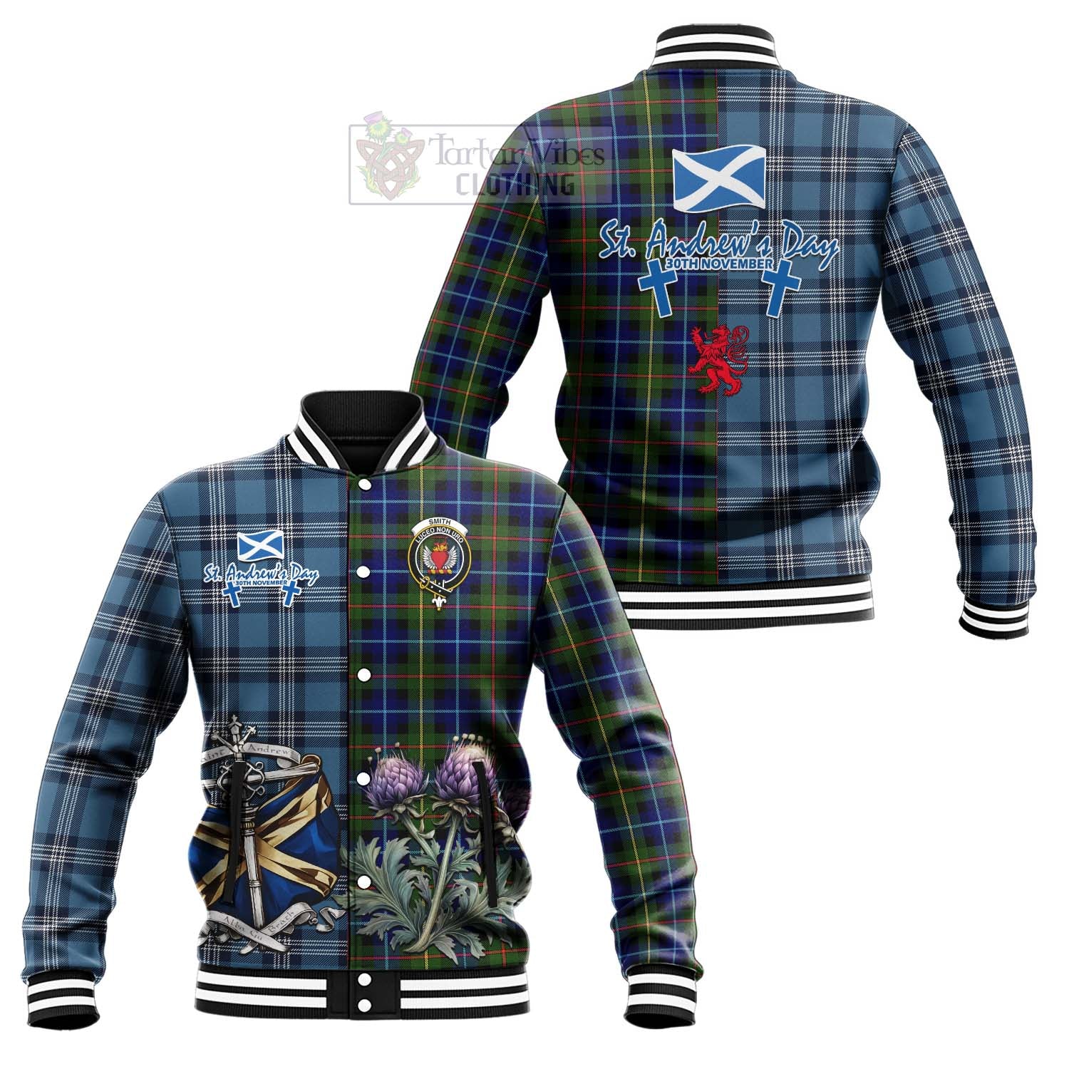 Smith Tartan Baseball Jacket Happy St. Andrew's Day Half Tartan Style Unisex - Tartan Vibes Clothing