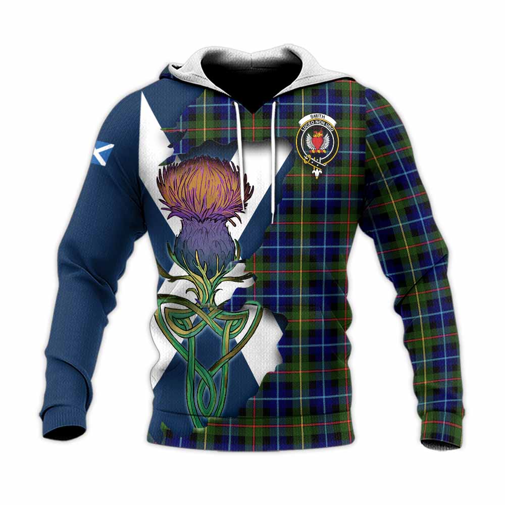 Tartan Vibes Clothing Smith Tartan Family Crest Knitted Hoodie Scottish Thistle Celtic Inspired