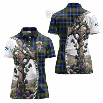 Smith Tartan Women's Polo Shirt with Family Crest and St. Andrew's Cross Accented by Thistle Vines Women - Tartan Vibes Clothing