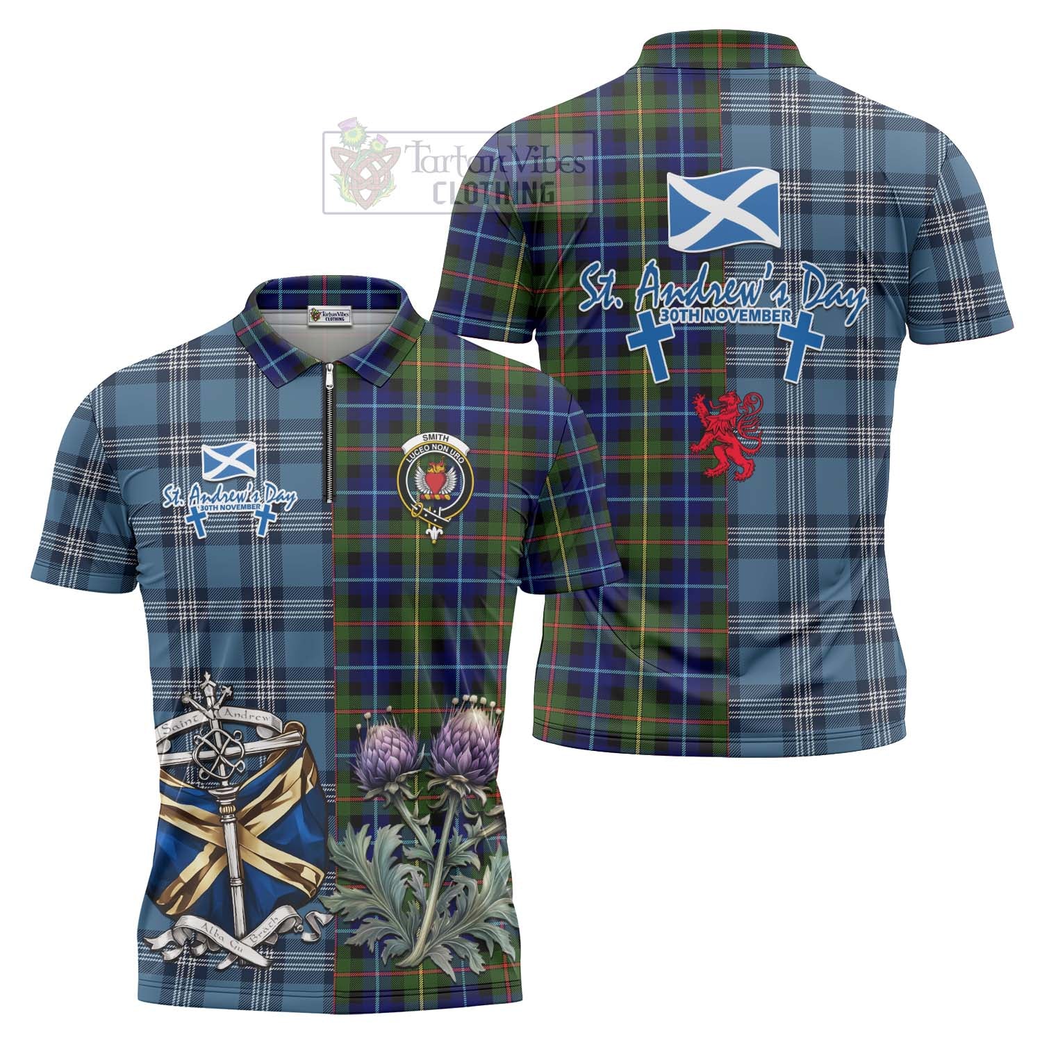 Smith Tartan Zipper Polo Shirt Happy St. Andrew's Day Half Tartan Style Unisex - Tartan Vibes Clothing
