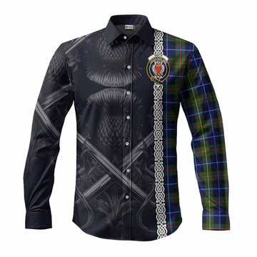 Tartan Vibes Clothing Smith Tartan Long Sleeve Button Shirt with Family Crest Cross Sword Thistle Celtic Vibes