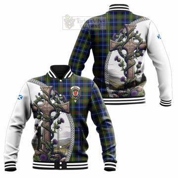 Smith Tartan Baseball Jacket with Family Crest and St. Andrew's Cross Accented by Thistle Vines Unisex - Tartan Vibes Clothing