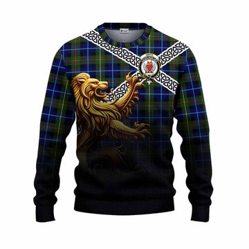 Smith Crest Tartan Knitted Sweater with Golden Lion Emblem Celtic Style Unisex - Tartan Vibes Clothing