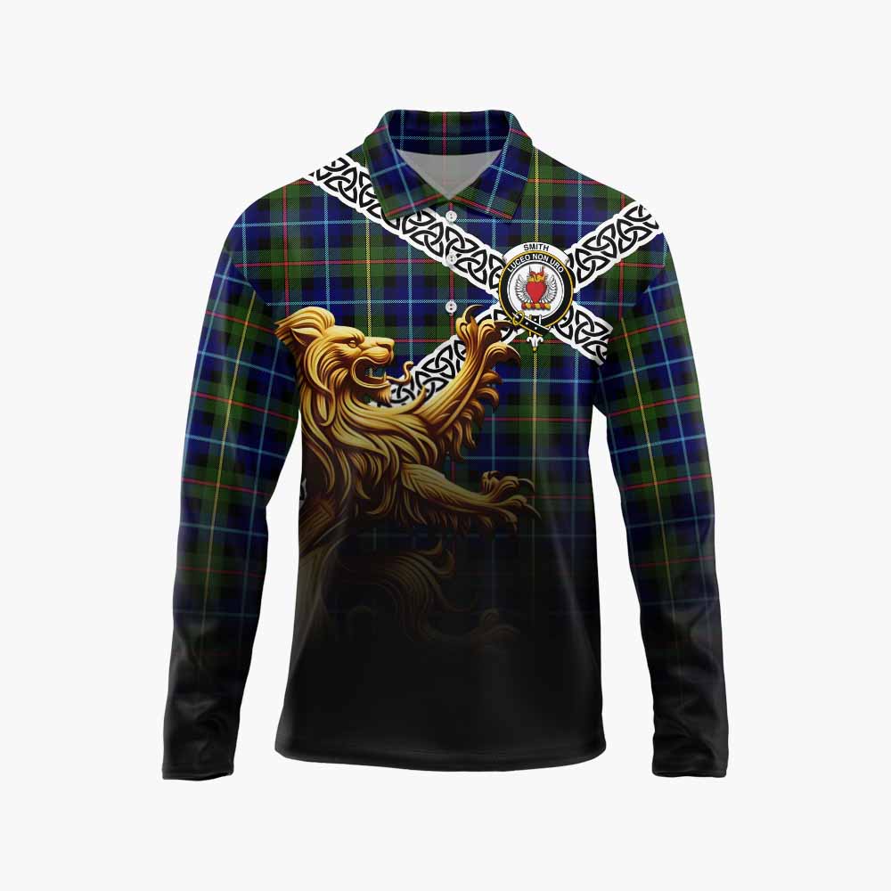 Smith Crest Tartan Long Sleeve Polo Shirt with Golden Lion Emblem Celtic Style Unisex - Tartan Vibes Clothing