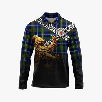 Smith Crest Tartan Long Sleeve Polo Shirt with Golden Lion Emblem Celtic Style Unisex - Tartan Vibes Clothing