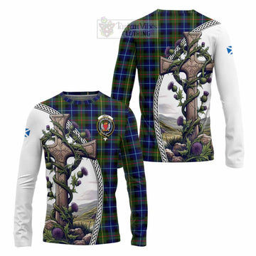 Smith Tartan Long Sleeve T-Shirt with Family Crest and St. Andrew's Cross Accented by Thistle Vines Unisex - Tartan Vibes Clothing
