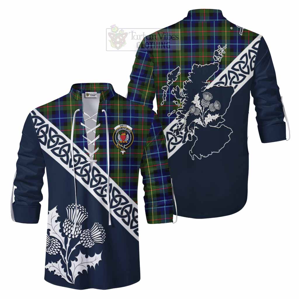 Smith Tartan Ghillie Kilt Shirt Featuring Thistle and Scotland Map Men - Tartan Vibes Clothing