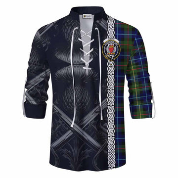Smith Tartan Ghillie Kilt Shirt with Family Crest Cross Sword Thistle Celtic Vibes Men - Tartan Vibes Clothing