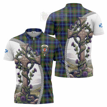 Smith Tartan Zipper Polo Shirt with Family Crest and St. Andrew's Cross Accented by Thistle Vines Unisex - Tartan Vibes Clothing