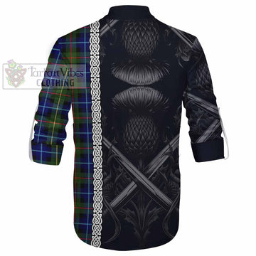 Smith Tartan Ghillie Kilt Shirt with Family Crest Cross Sword Thistle Celtic Vibes - Tartan Vibes Clothing
