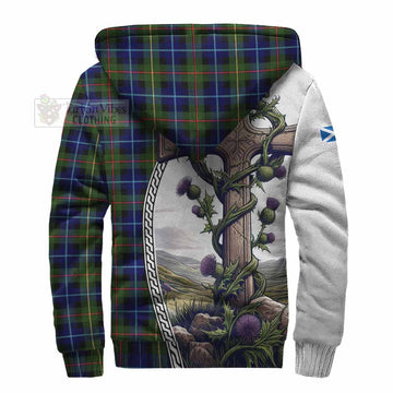 Smith Tartan Sherpa Hoodie with Family Crest and St. Andrew's Cross Accented by Thistle Vines - Tartan Vibes Clothing
