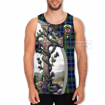 Smith Tartan Men's Tank Top with Family Crest and St. Andrew's Cross Accented by Thistle Vines - Tartan Vibes Clothing