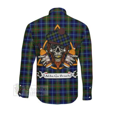 Smith Tartan Long Sleeve Button Shirt with Family Crest and Bearded Skull Holding Bottles of Whiskey Men's Shirt - Tartan Vibes Clothing