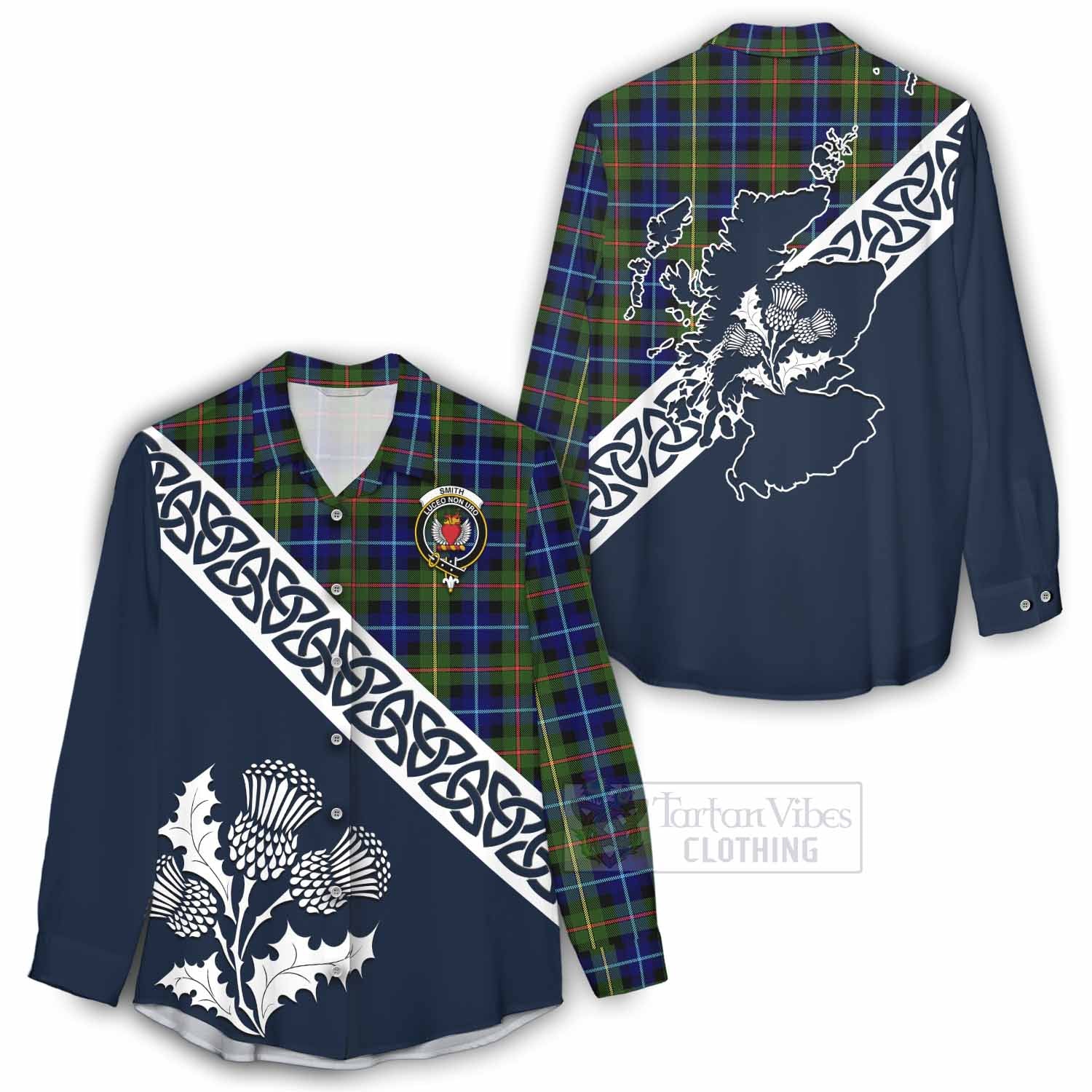 Smith Tartan Women's Casual Shirt Featuring Thistle and Scotland Map - Tartan Vibes Clothing